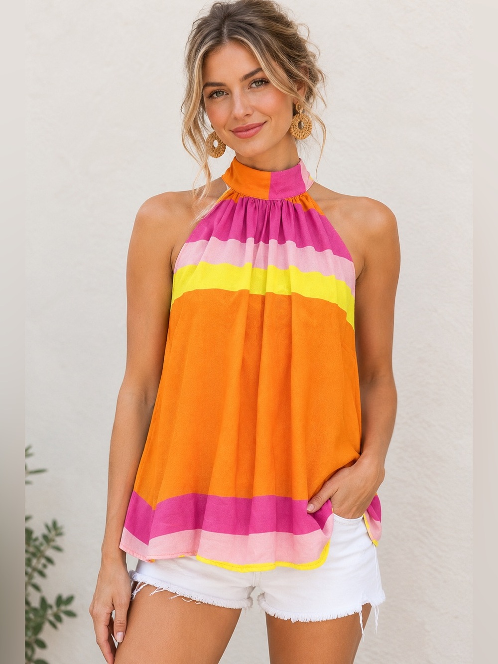 New York & Co Colorblock Sleeveless Halter Top Orange Pink Yellow Women Medium M